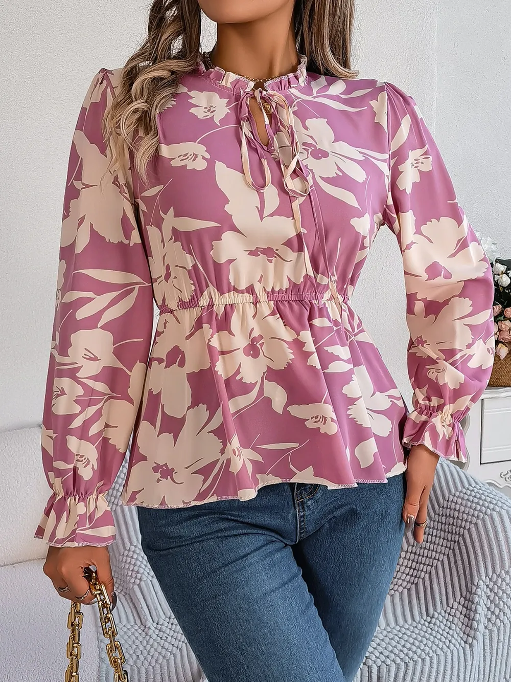 Printed Tie Neck Flounce Sleeve Blouse, image 5