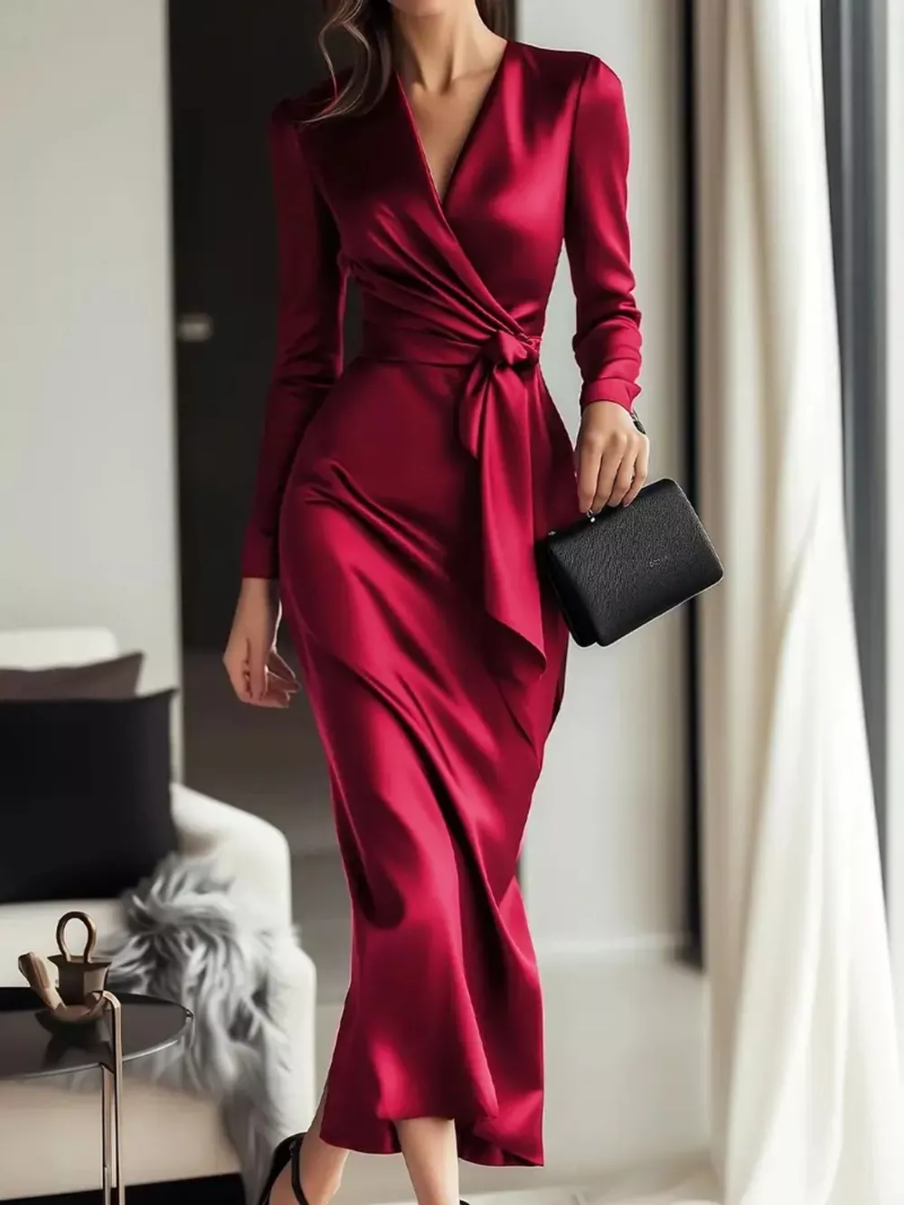 Satin Tie Waist Long Sleeve Dress, image 9