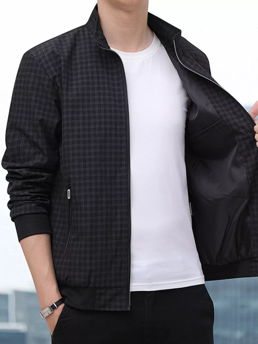 Men's Plus Size Plaid Lightweight Zip-Up Jacket, image 5
