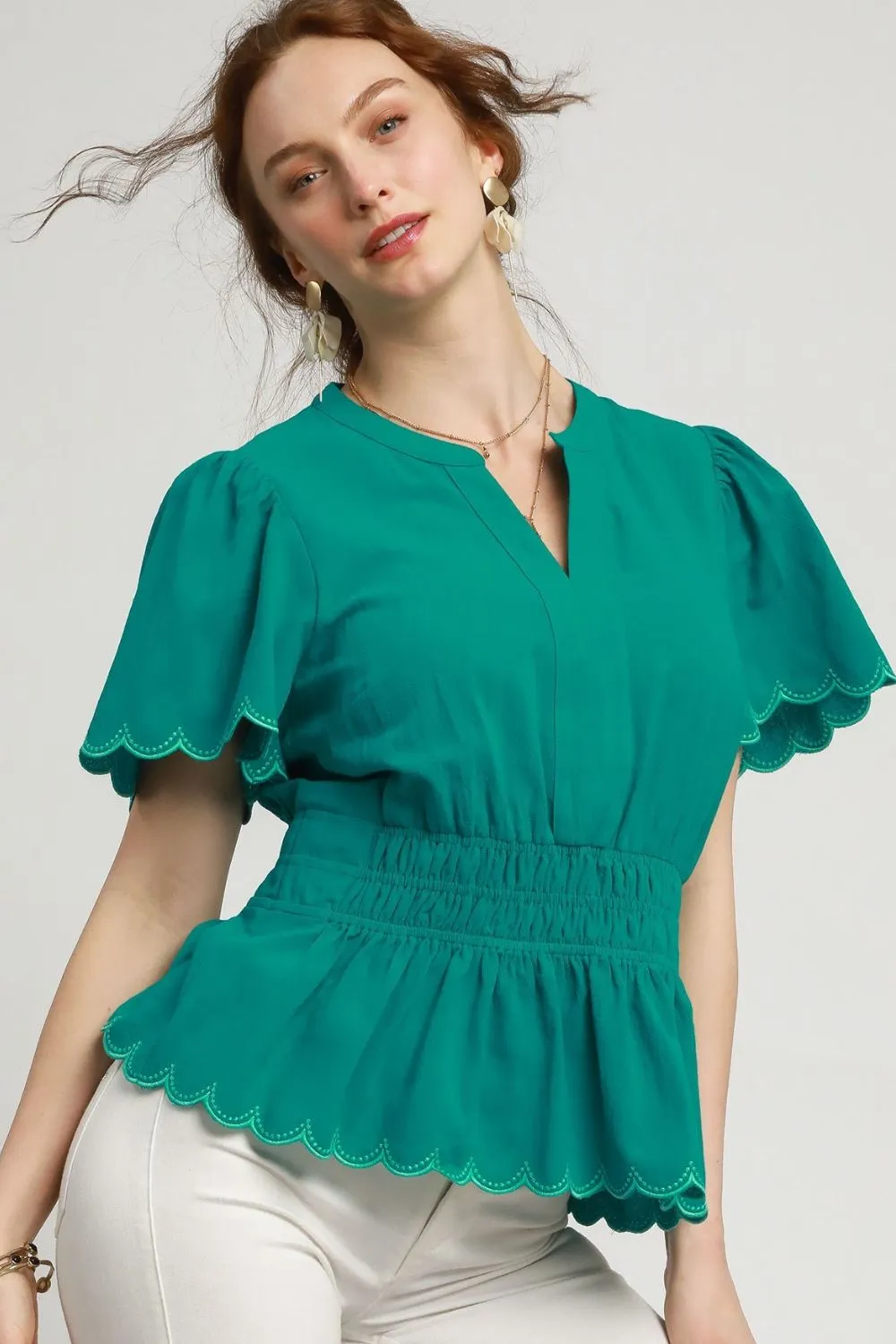 Scalloped Edge Flutter Sleeve Blouse