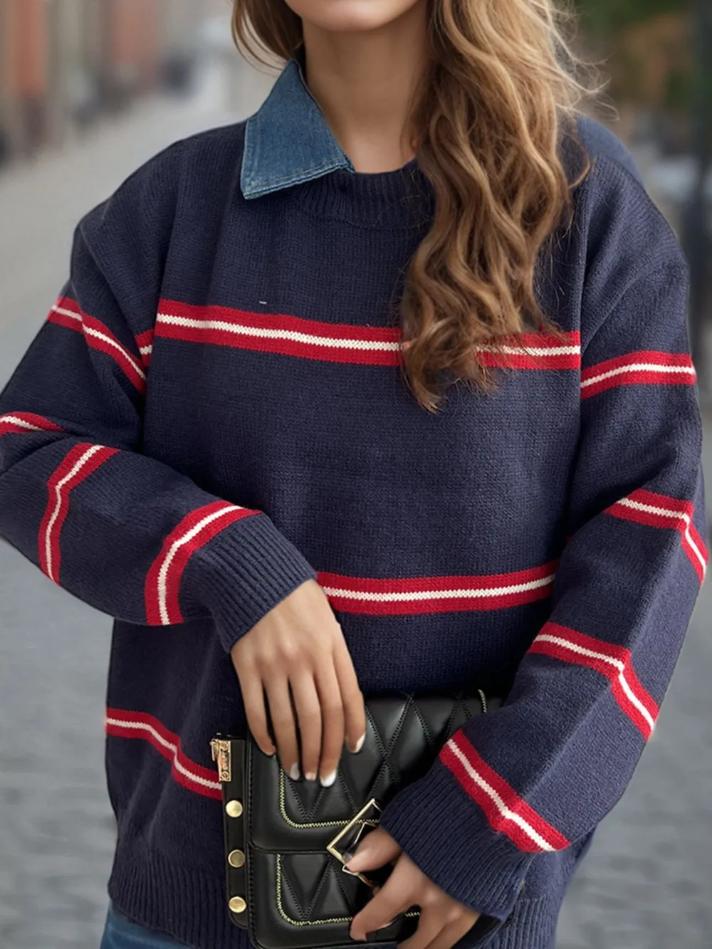 Contrast Stripes Round Neck Long Sleeve Sweater, image 5