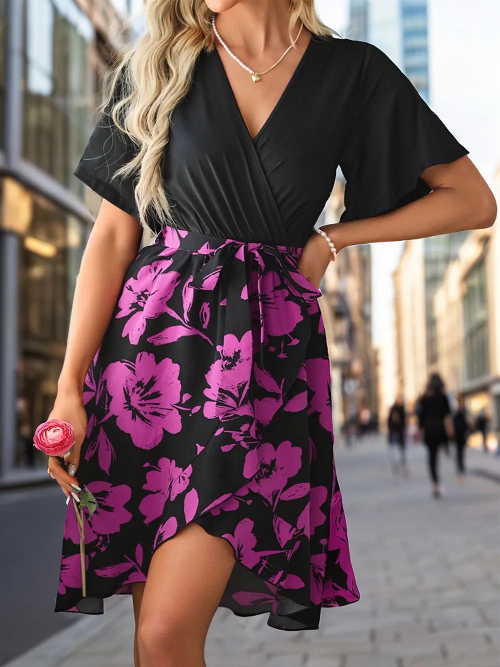 Tied Printed Surplice Short Sleeve Dress, image 5