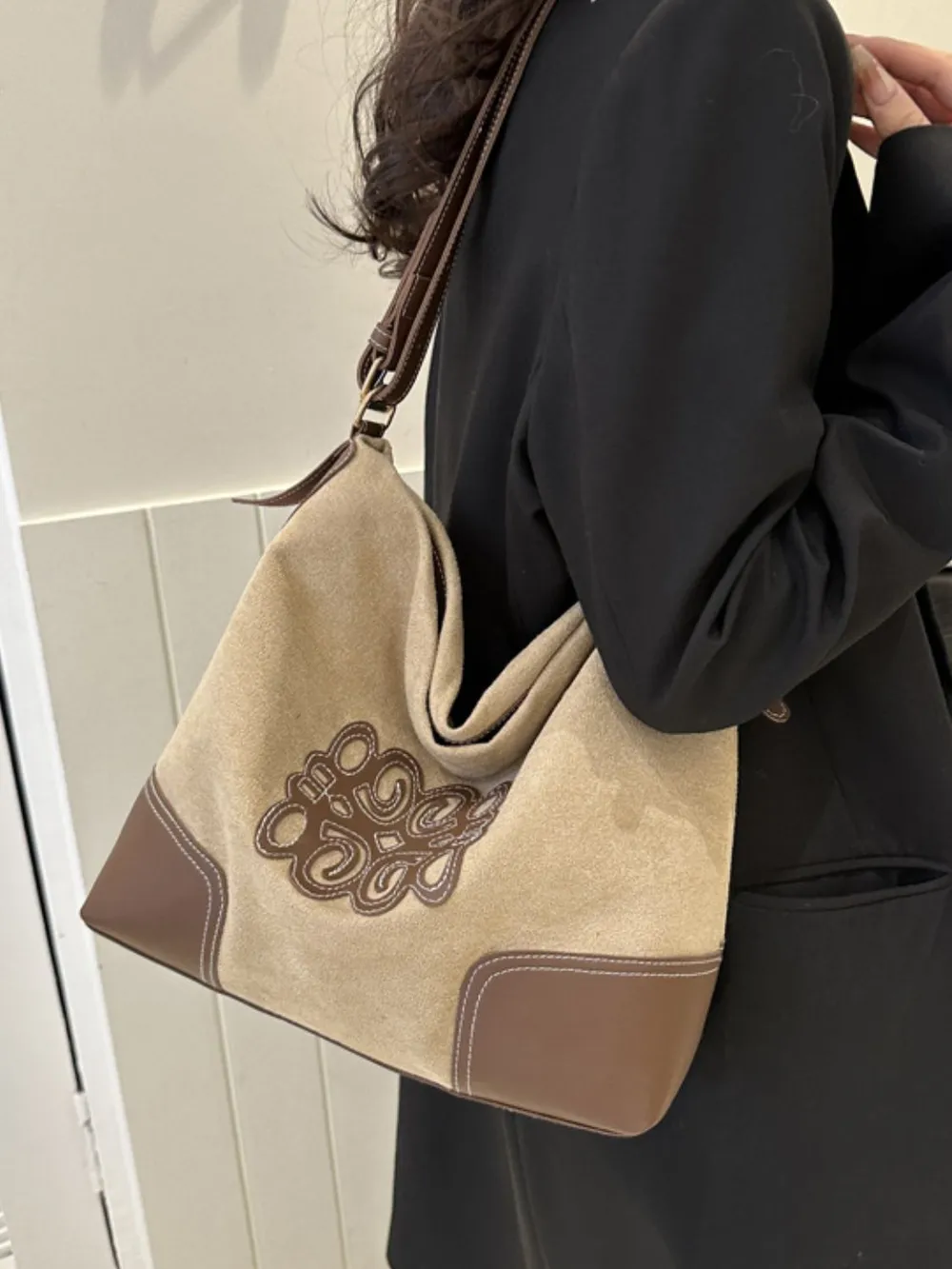 Suede Patch Adjustable Strap Tote Bag, image 9