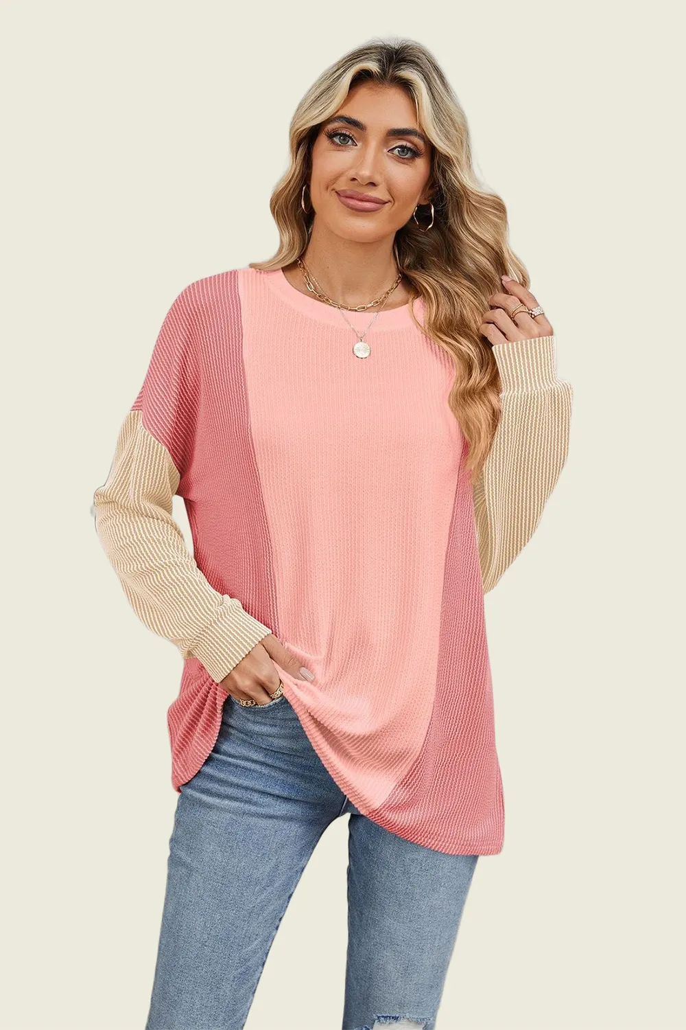 Texture Contrast Round Neck Long Sleeve T-Shirt, image 17