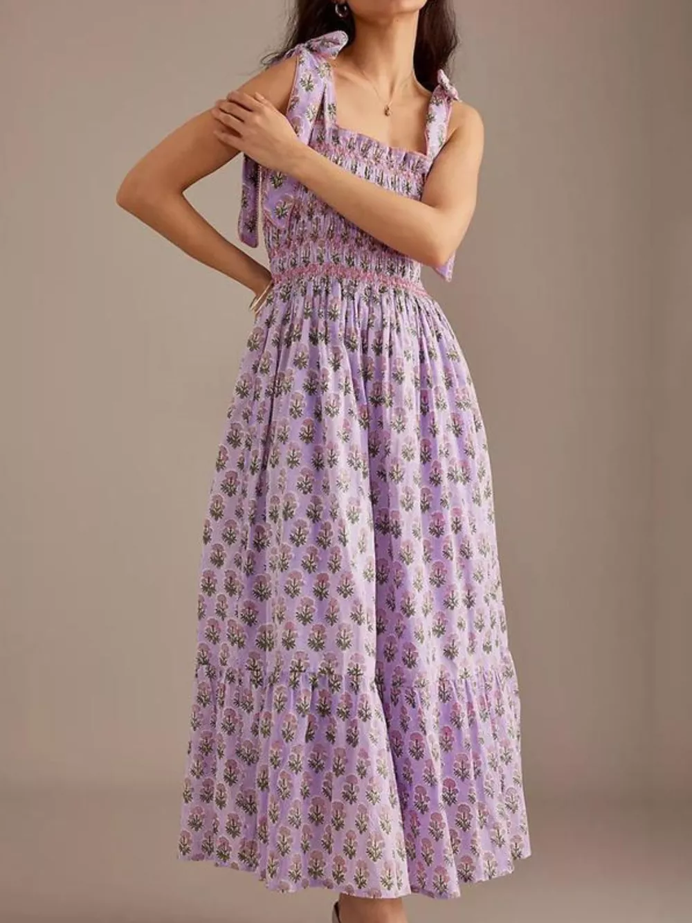 Floral Smocked Tie-Shoulder Midi Dress, image 9
