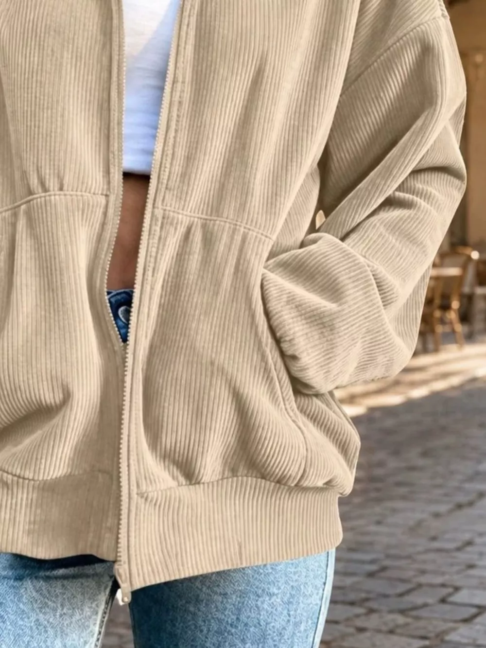 Zip Up Dropped Shoulder Corduroy Jacket, image 2