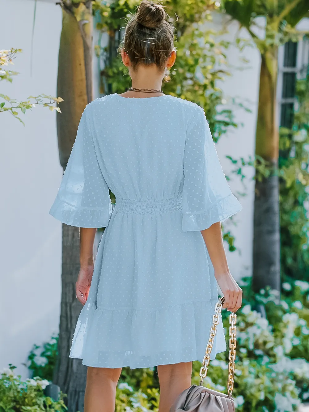 Swiss Dot Flare Sleeve Wrap Mini Dress, image 2