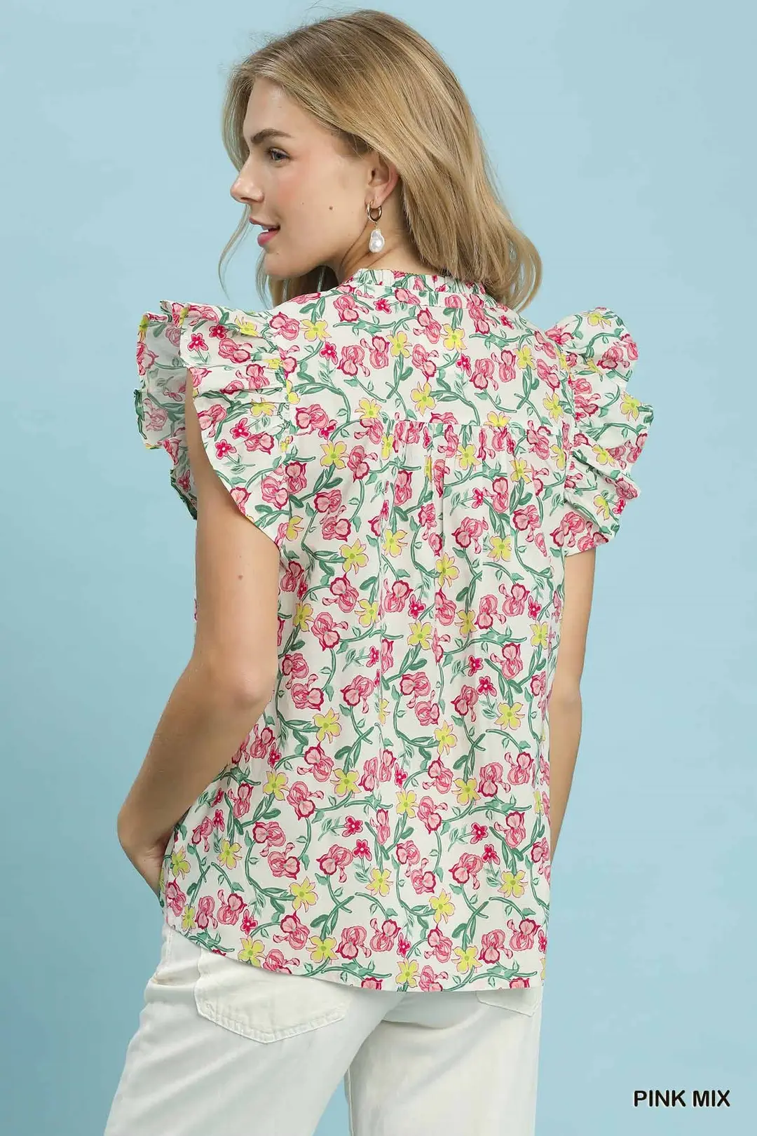 Floral Print Ruffle Cap Sleeve Shirt, image 4