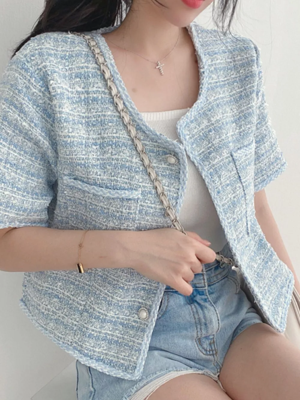 Pearl Button Short Sleeve Tweed Outerwear, image 2