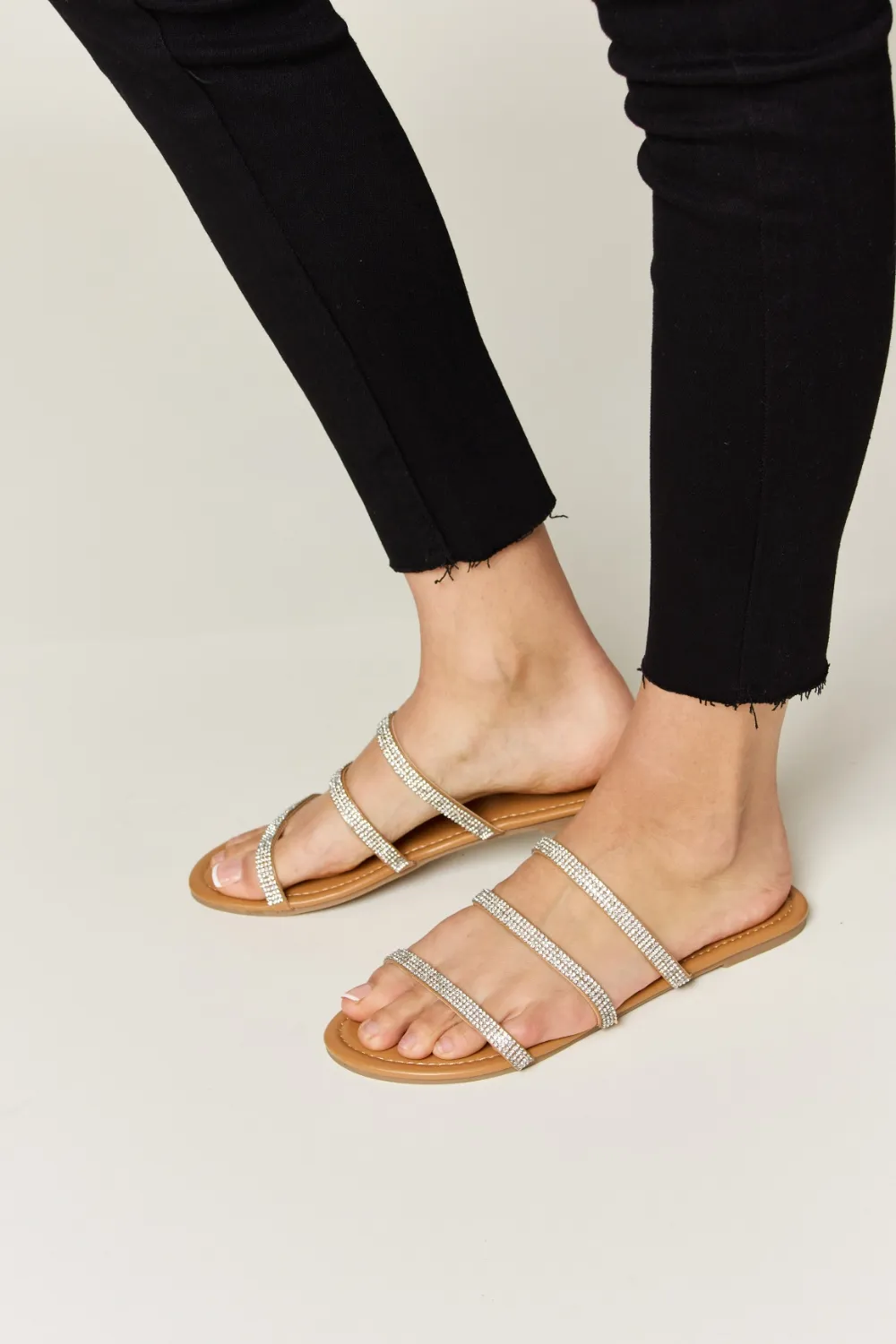 Rhinestone Three-Strap Flat Sandals, image 7