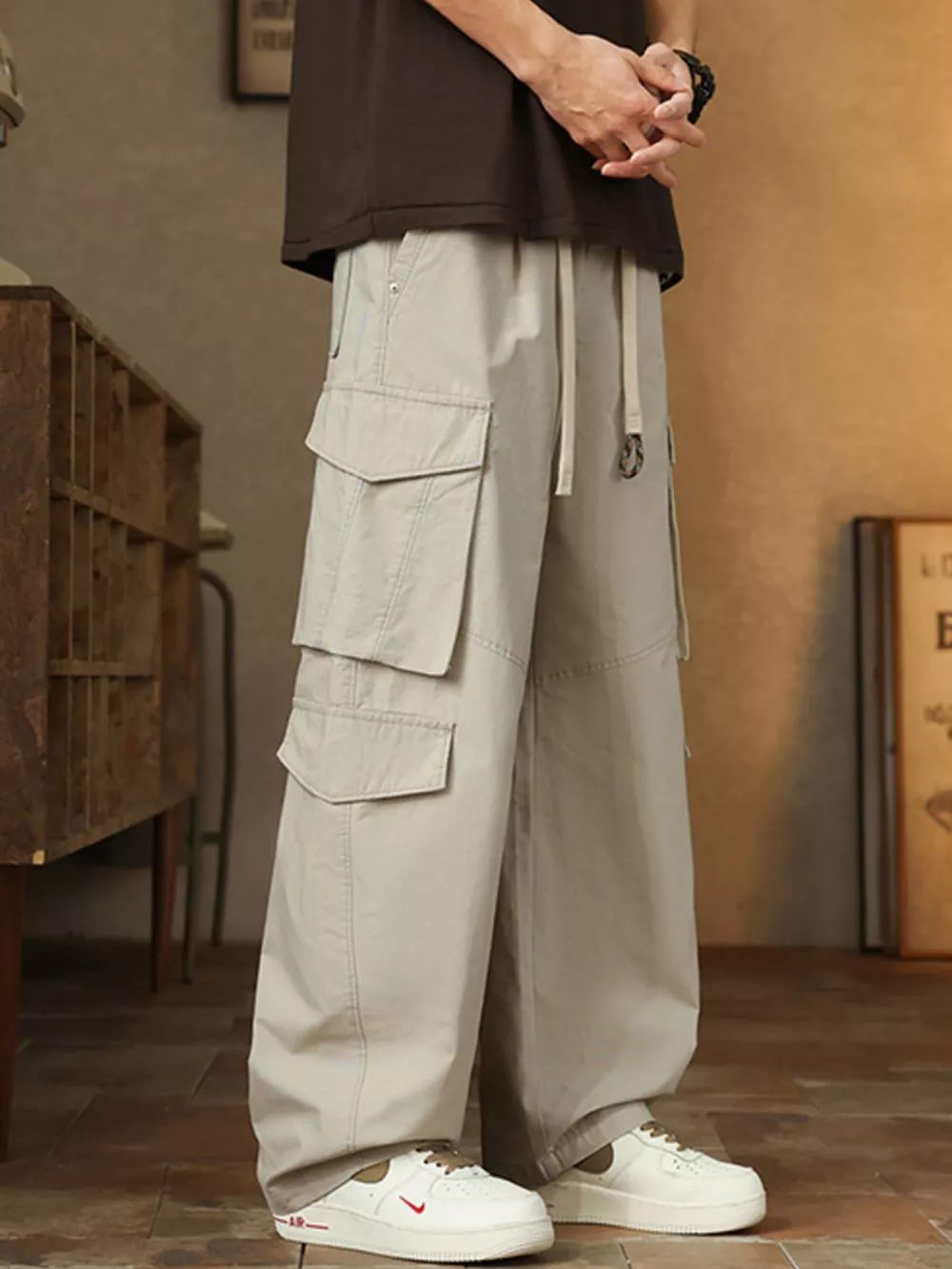 Men's Plus Size Loose Fit Cargo Pants with Drawstring, image 3