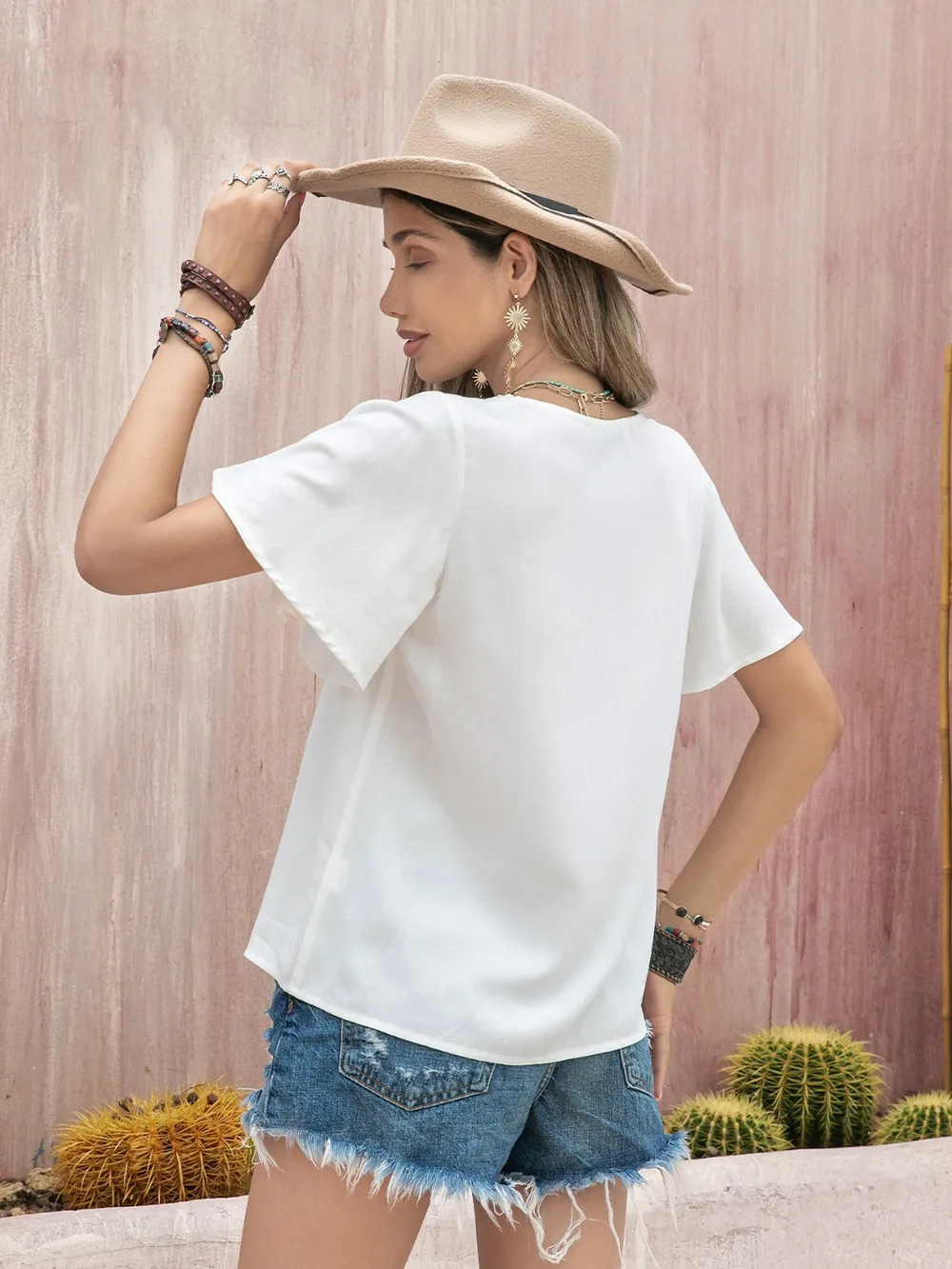 Graphic V-Neck Flutter Sleeve T-Shirt, image 6