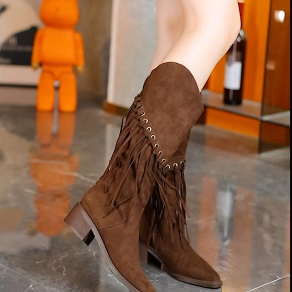 Fringed Point Toe Block Heel Boots, image 3