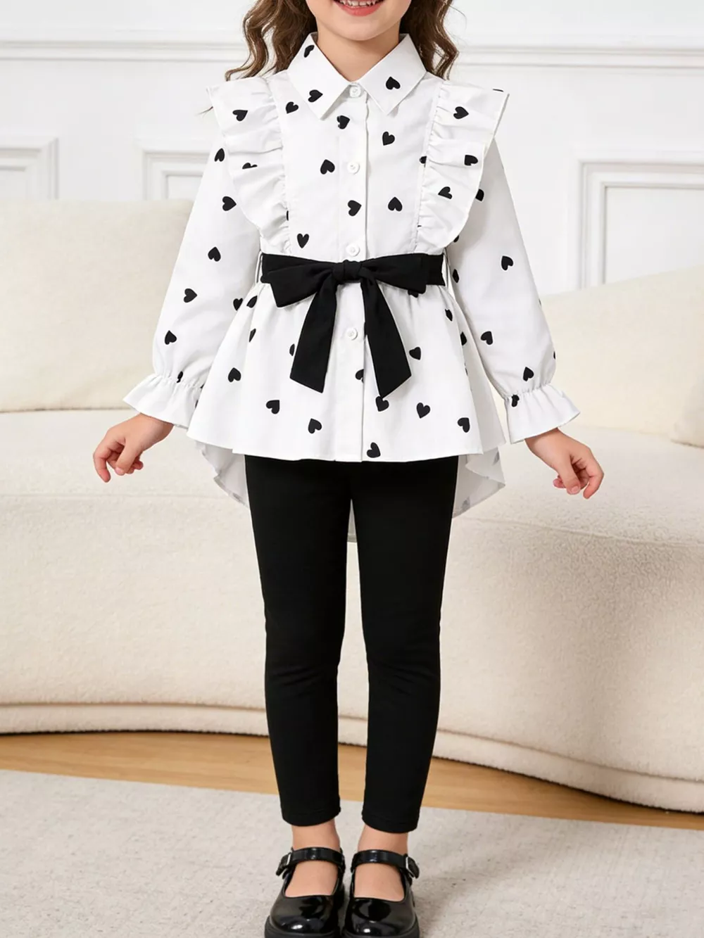 Children's Heart Print Ruffle Trim Shirt & Pants Set with Tie, image 2