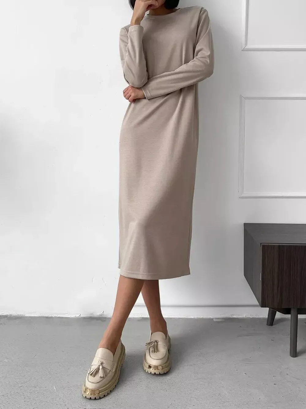 Round Neck Long-Sleeve Midi Dress, image 9