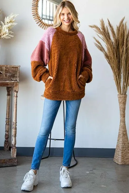 Color Block Faux Fur Raglan Sleeve Sweatshirt, image 4