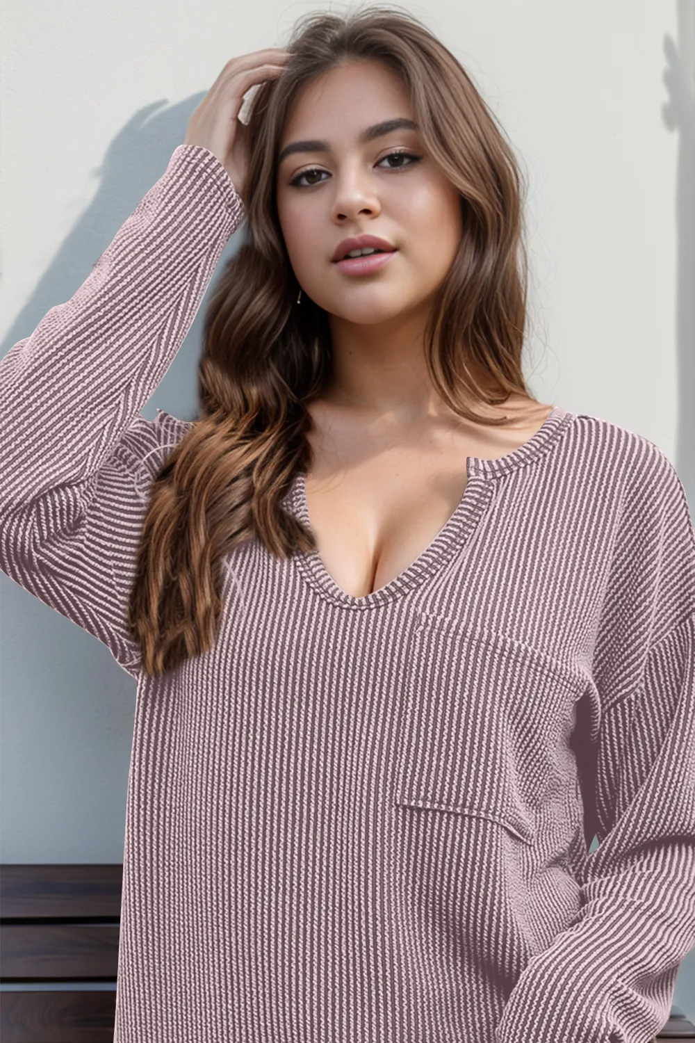 Striped Notched Long Sleeve T-Shirt, image 10