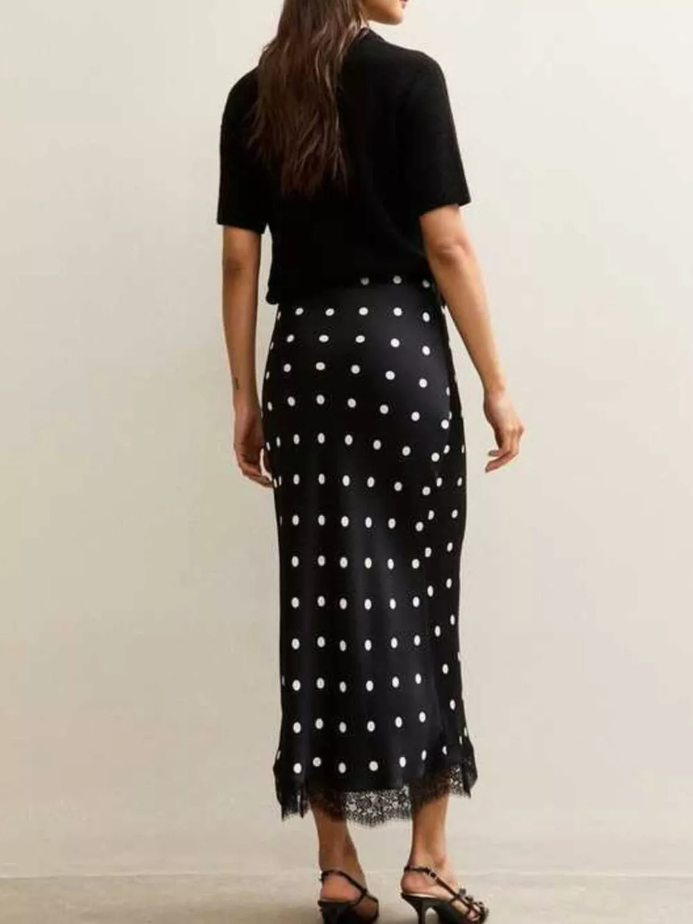 Polka Dot Midi Skirt with Lace Trim, image 8