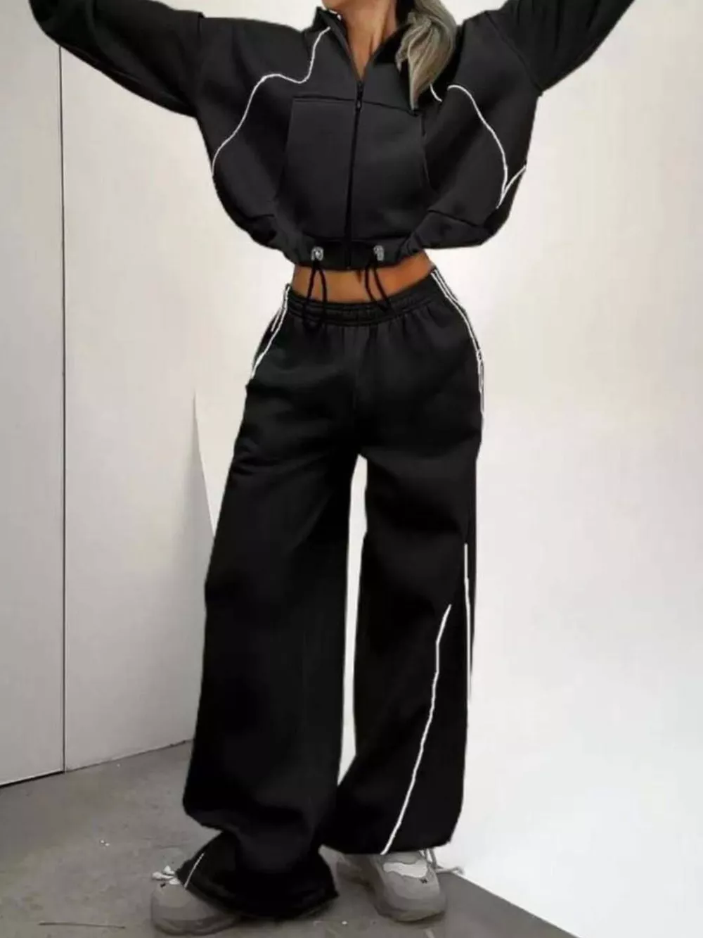 Cropped Zip-Up Hoodie and Wide-Leg Sweatpants Lounge Set