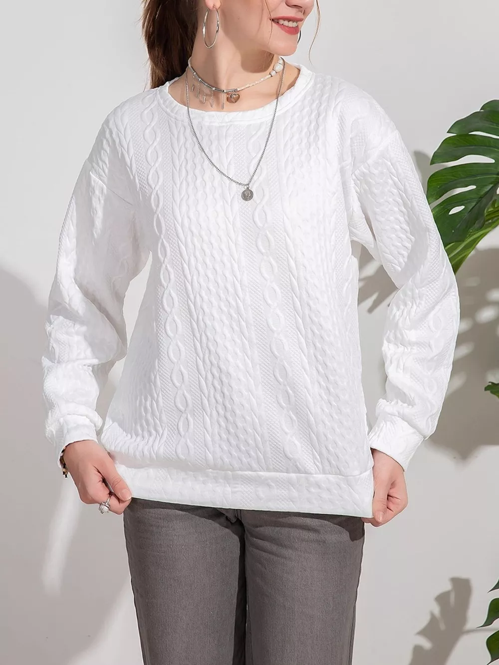 Textured Knit Crewneck Sweatshirt, image 3