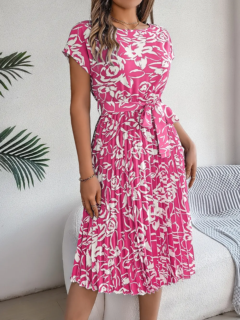 Tied Pleated Printed Short Sleeve Dress, image 6