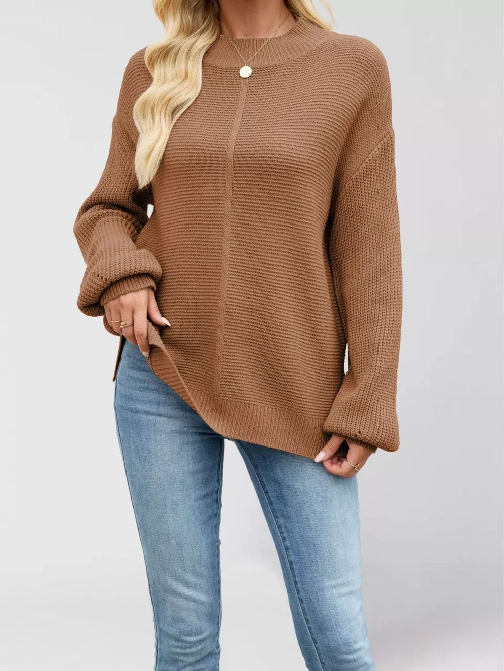 Ribbed Mock Neck Drop Shoulder Sweater, image 6