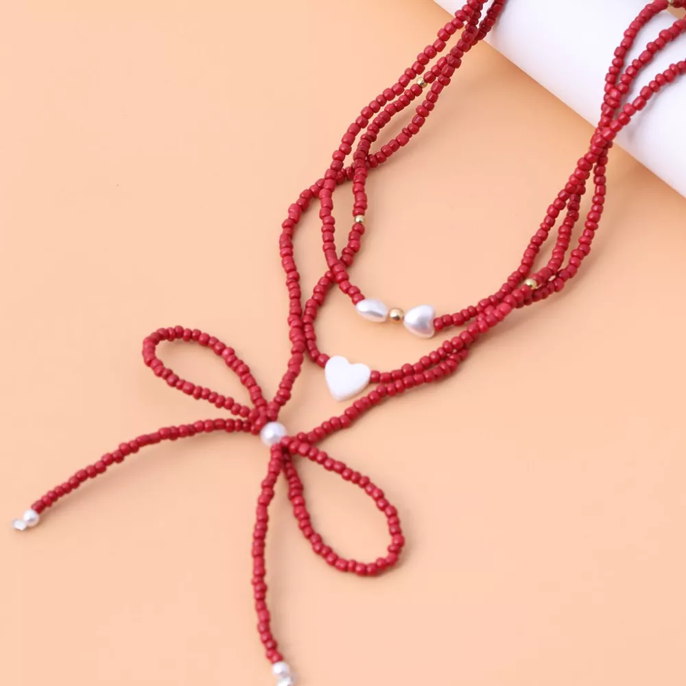Beaded Bow Necklace with Heart Pendants, image 5