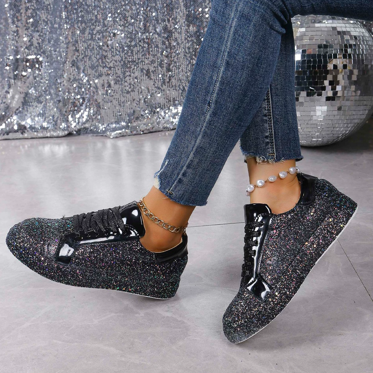 Sequin Lace Up Sneakers, image 2