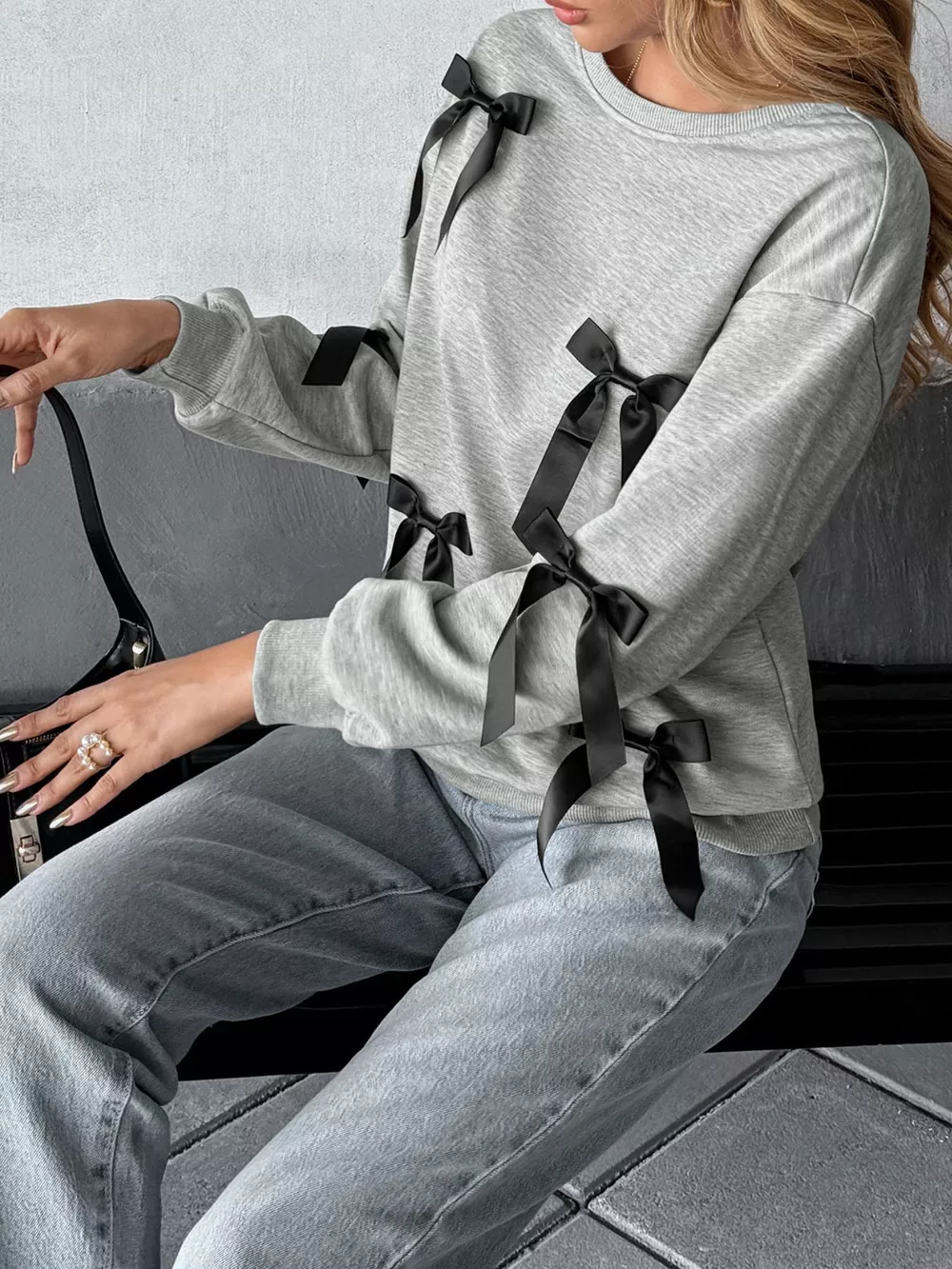 Bow Detail Round Neck Sweatshirt, image 2