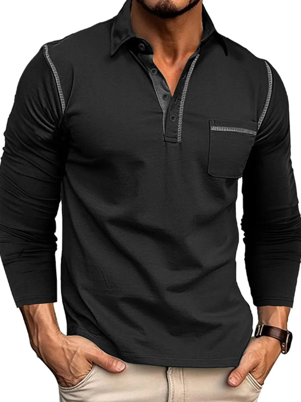 Men's Long Sleeve Polo Shirt with Contrast Stitching, image 6