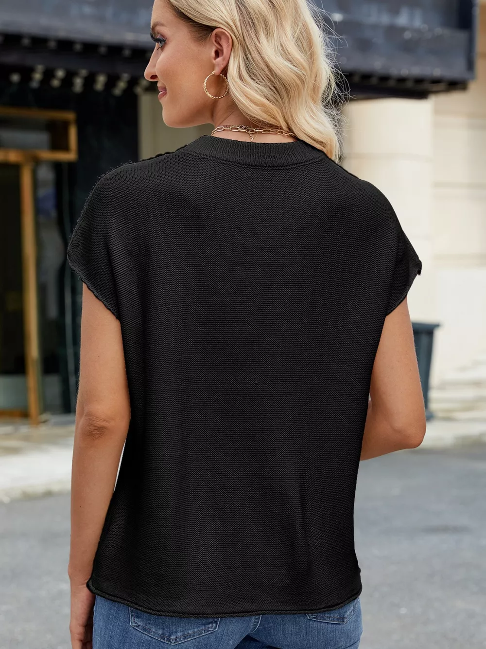 Round Neck Short Sleeve Knit Top with Center Seam Detail, image 12