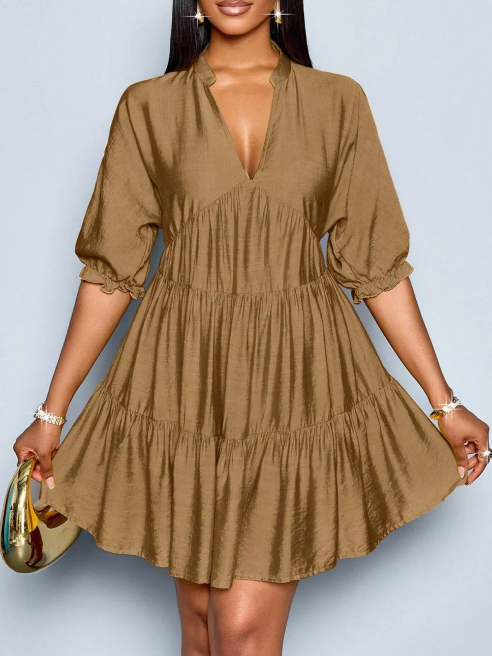 Notched Half Sleeve Tiered Dress, image 9