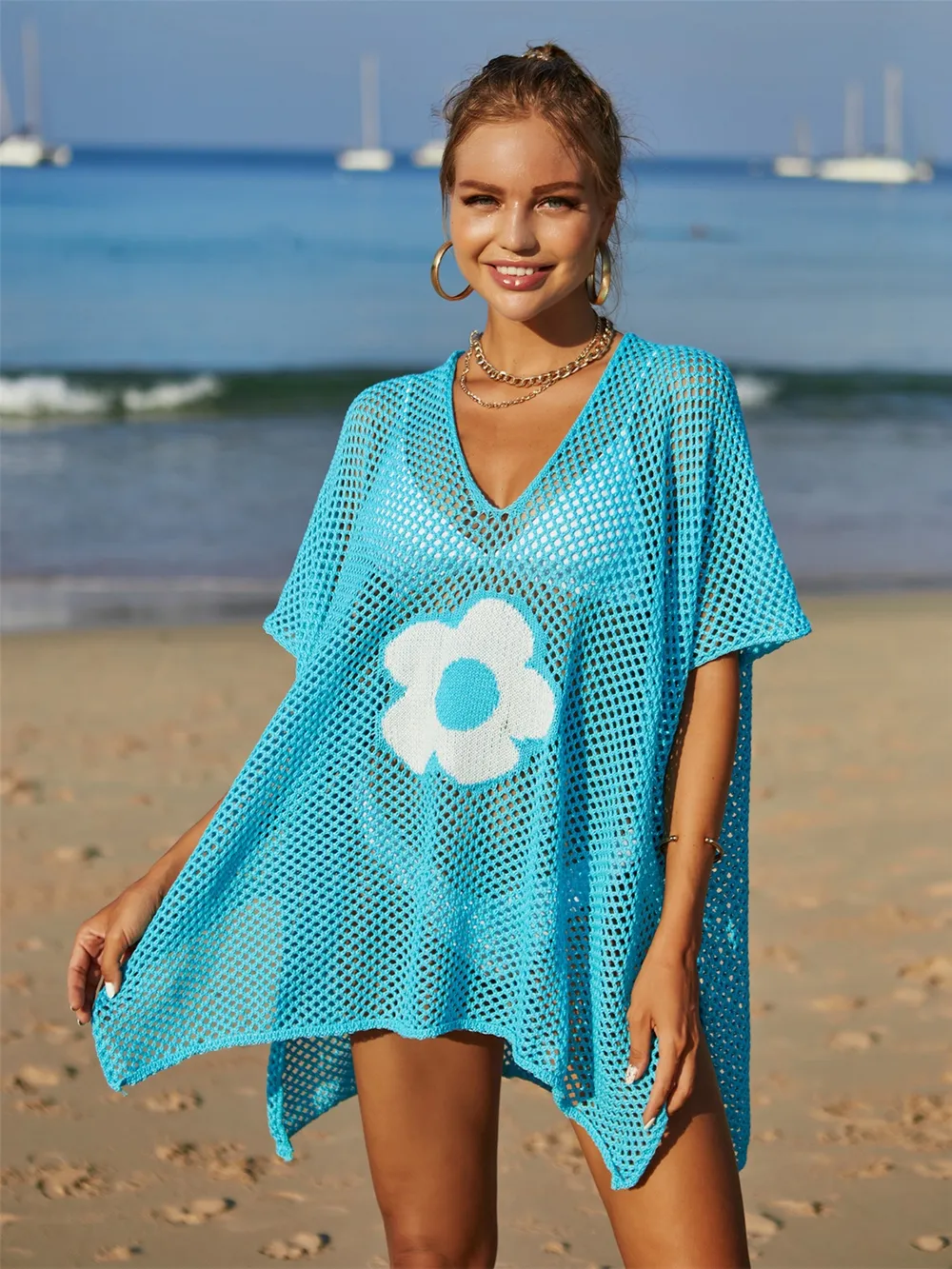 Openwork Flower V-Neck Short Sleeve Cover Up, image 22