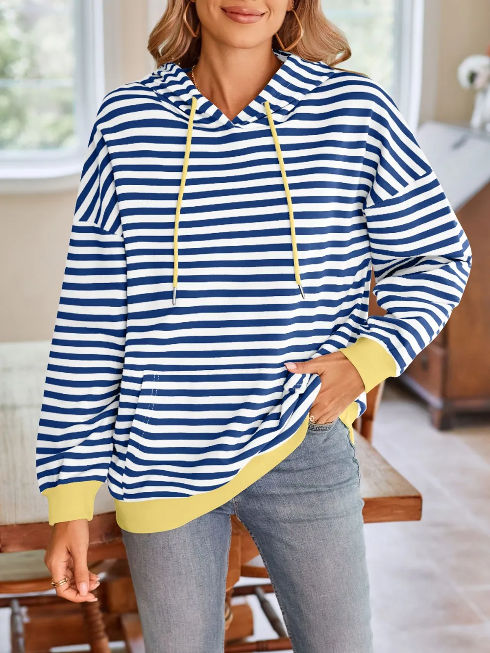 Drawstring Striped Long Sleeve Hoodie, image 2