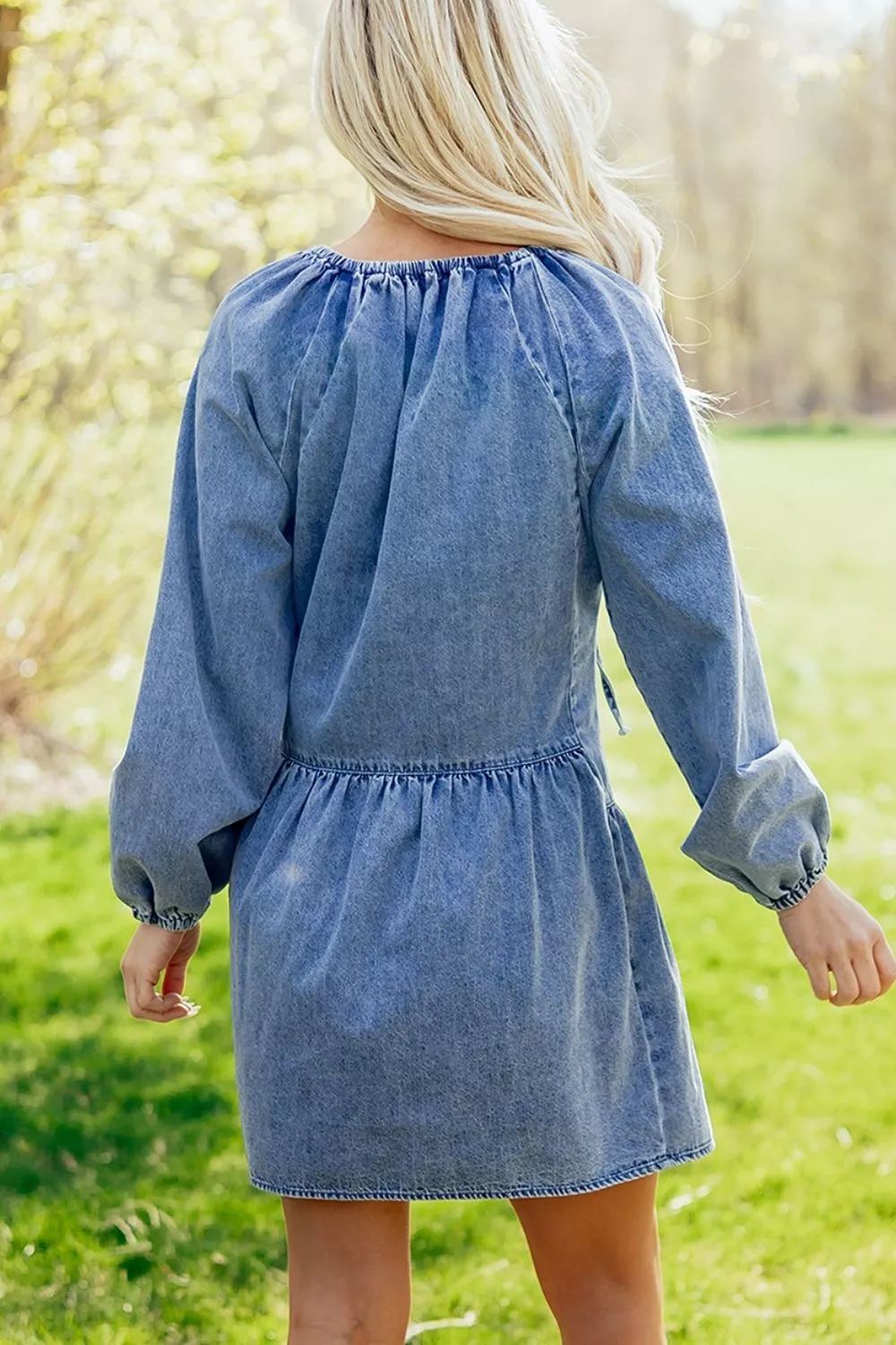 Puff Sleeve V Neck Ruffled Loose Denim Mini Dress, image 3