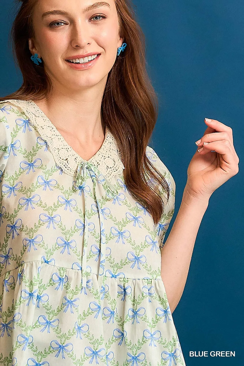Lace Detail Bow Print Flounce Sleeve Blouse, image 5