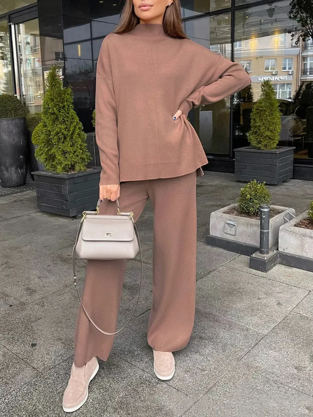 Slit Mock Neck Top and Pants Sweater Set, image 12