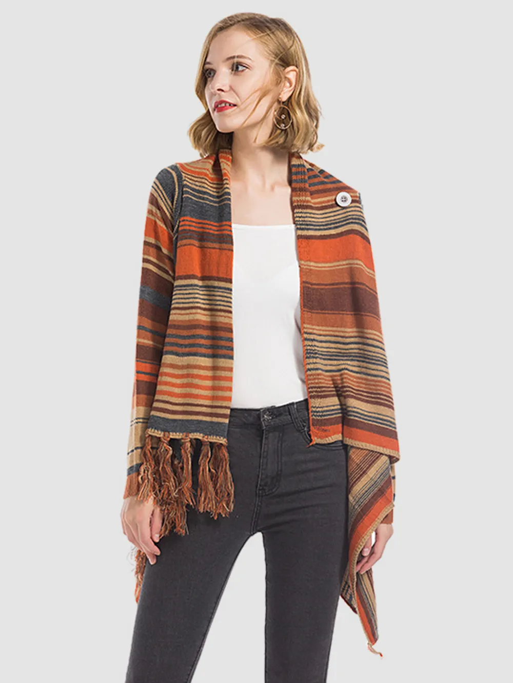 Tassel Striped Open Front Long Sleeve Cardigan, image 7
