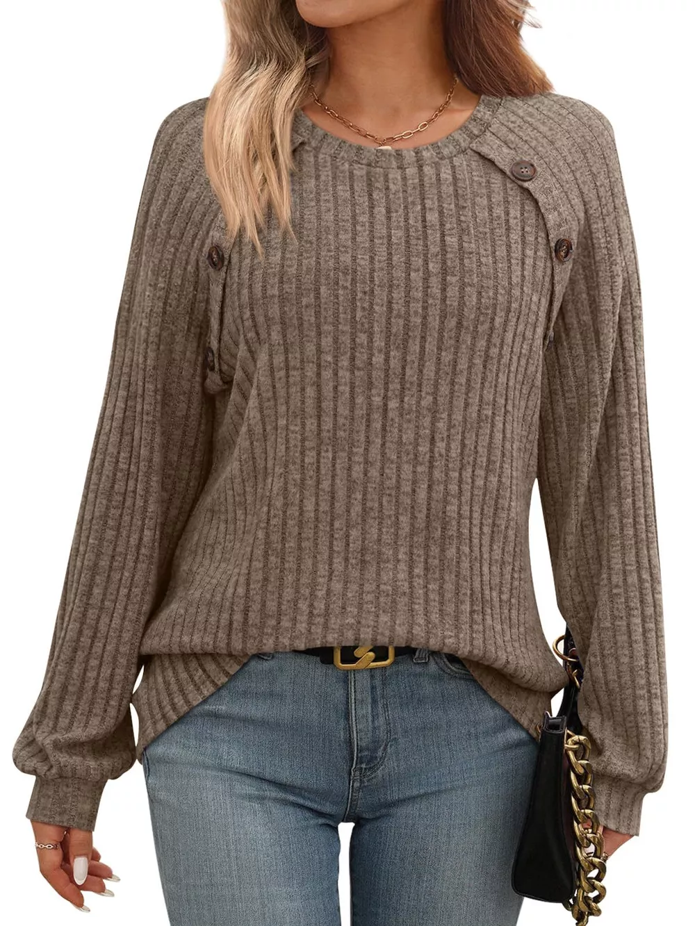 Ribbed Knit Decor Button Long Sleeve T-Shirt, image 26