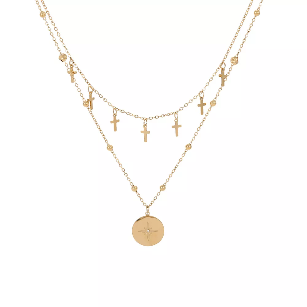18K Gold-Plated Cross Double Layered Pendant Necklace, image 6
