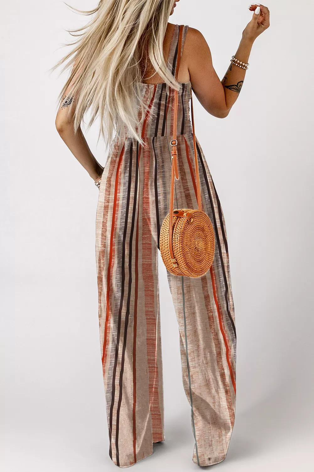 Stripe Square Neck Sleeveless Smocked Bodice Wide Leg Jumpsuit, image 3