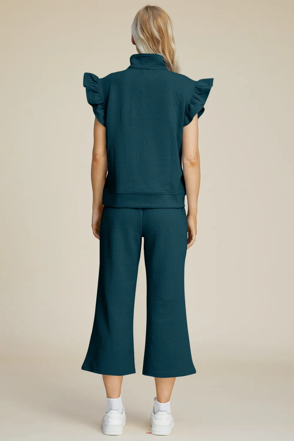 Full Size Texture Ruffle Short Sleeve Top and Wide Leg Pants Set, image 32