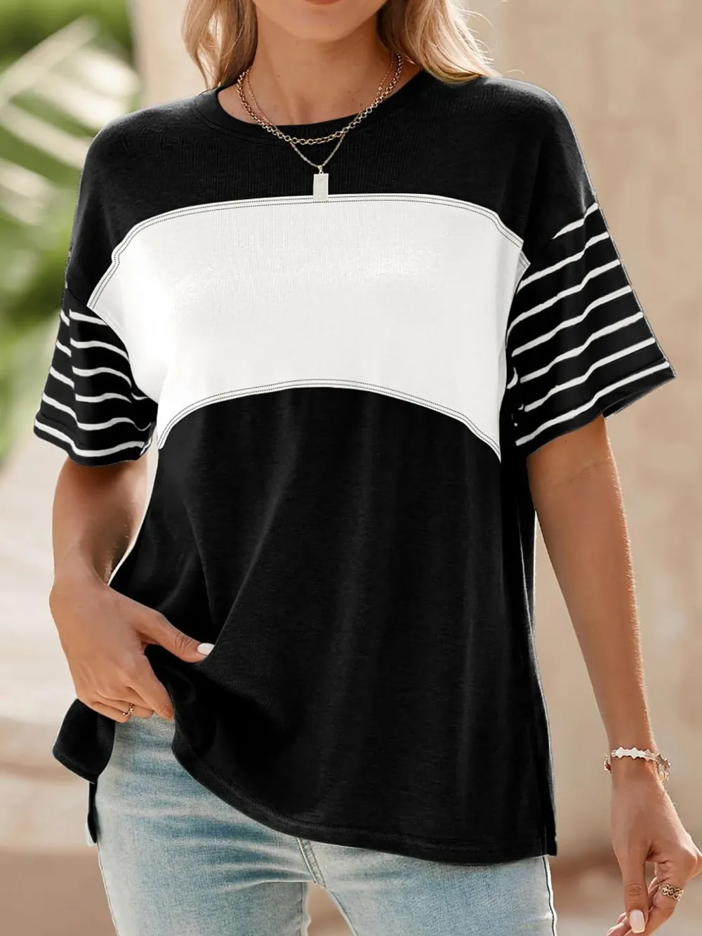 Color Block Striped Sleeve Casual T-Shirt, image 22