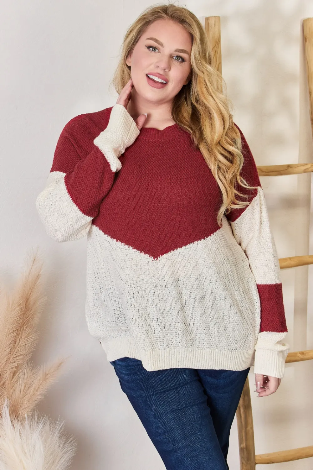 Full Size Color Block Dropped Shoulder Knit Top, image 8