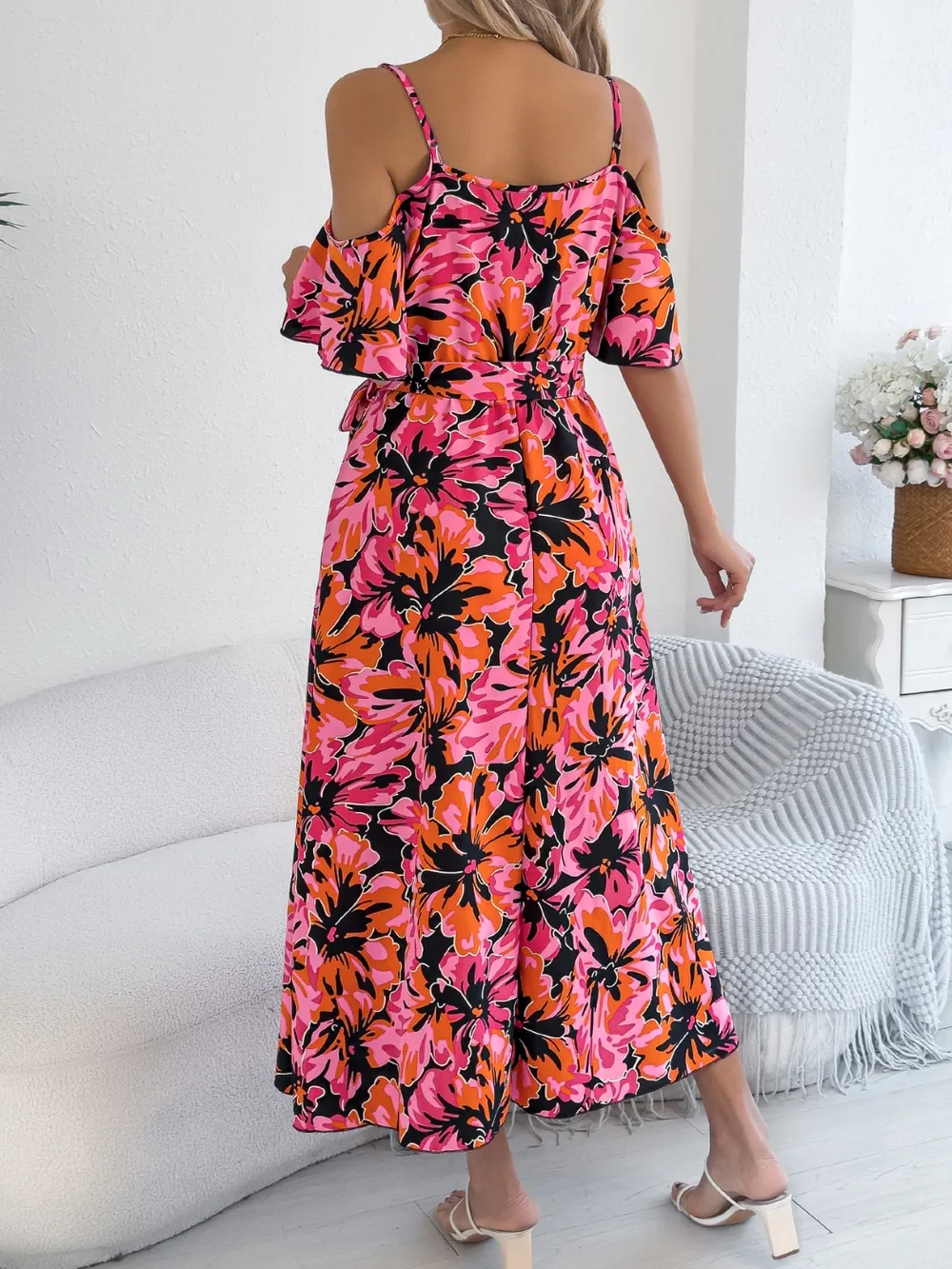 Printed Cold Shoulder Midi Cami Dress, image 13