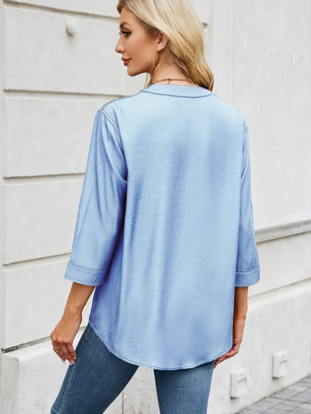 Notched Three-Quarter Sleeve Denim Top, image 9