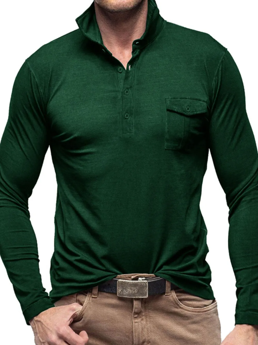 Men's Basic style Collared Neck Long Sleeve Polo, image 11