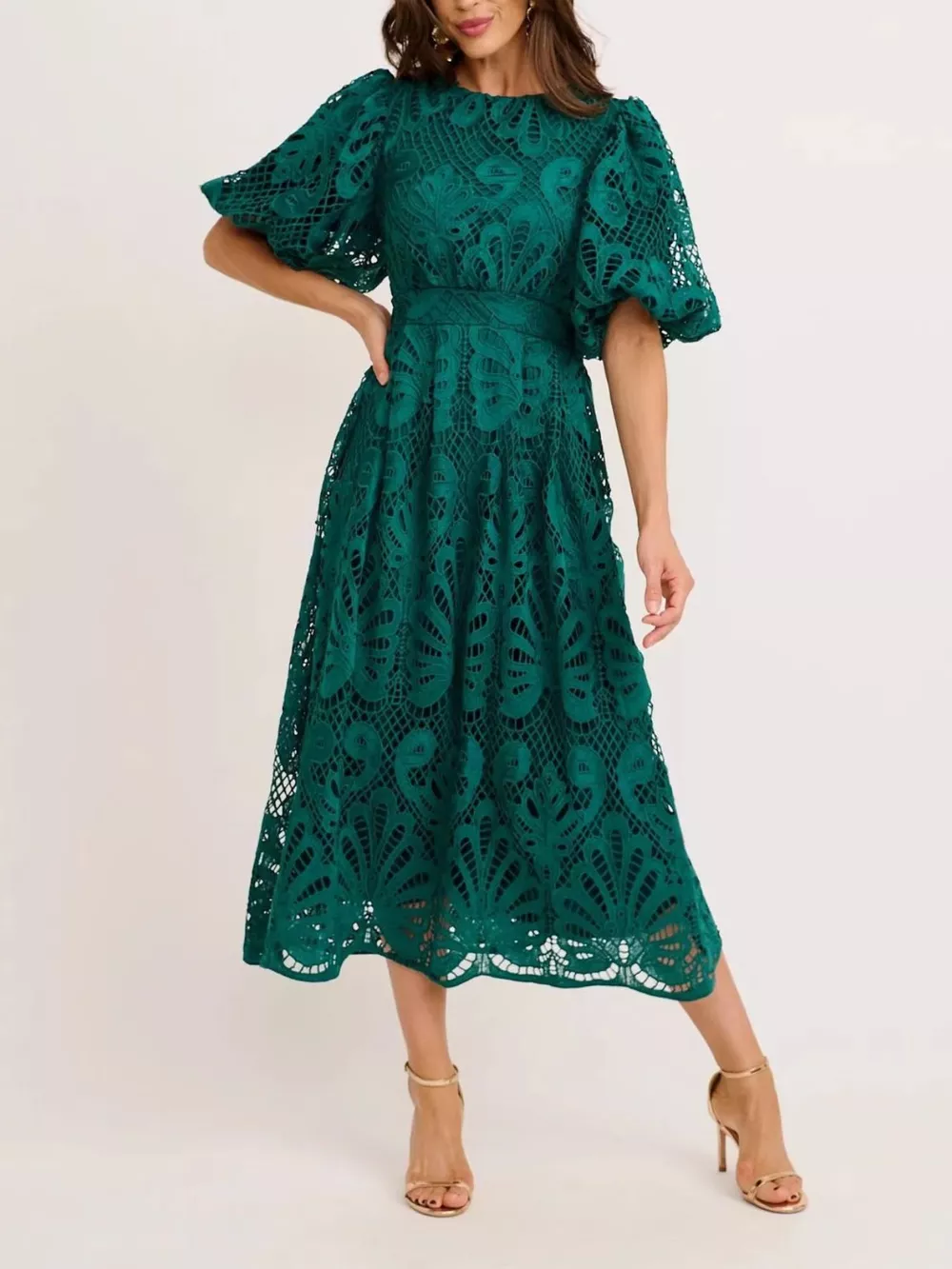 Lace Puff Sleeve Midi Dress, image 4