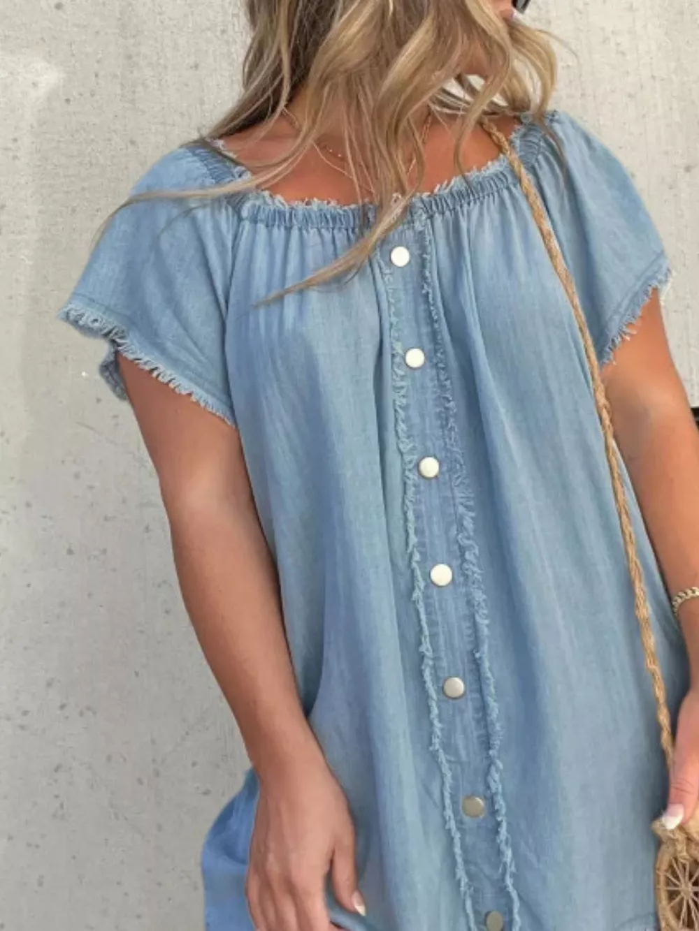 Full Size Off-Shoulder Button-Down Frayed Denim Dress Plus Size, image 9