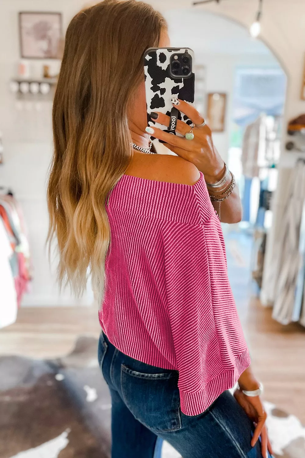 Ribbed Knit Off-Shoulder Blouse, image 15